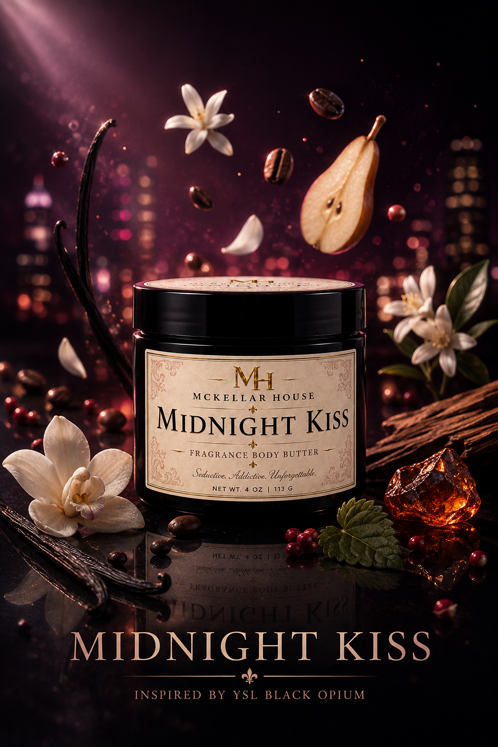 Midnight Kiss Luxury Fragrance Body Butter – Coffee, White Floral & Vanilla Scent – 4 oz, Moisturizers, Body Care Products